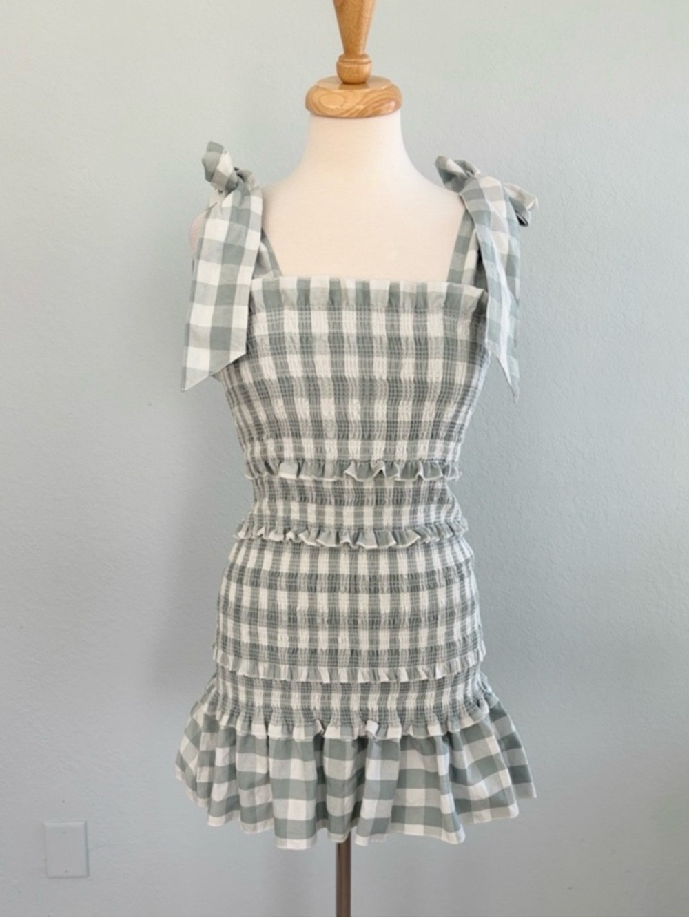 MABLE Allison Smocked Sage Gingham Check Mini Dress - Picture 4 of 14